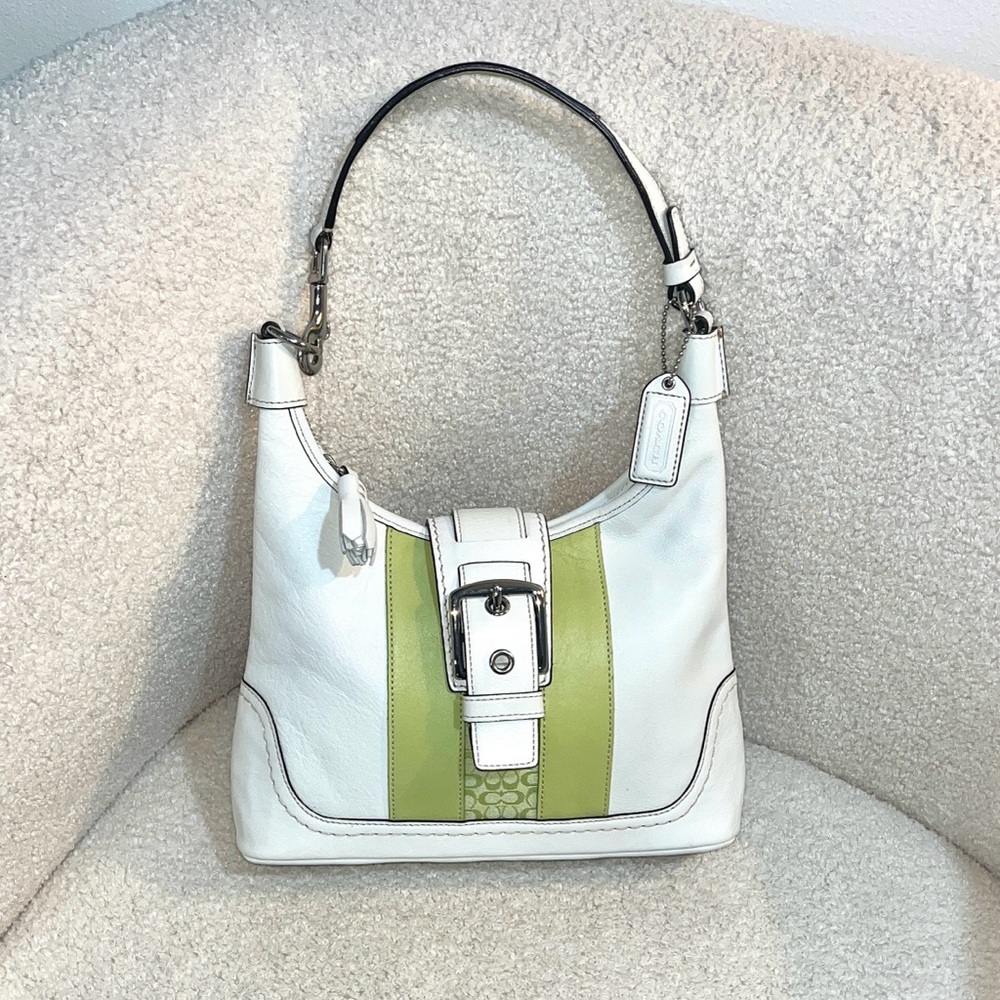 Coach Y2k Hamptons White Leather Shoulder Bag, Green Jacquard Stripe F11344